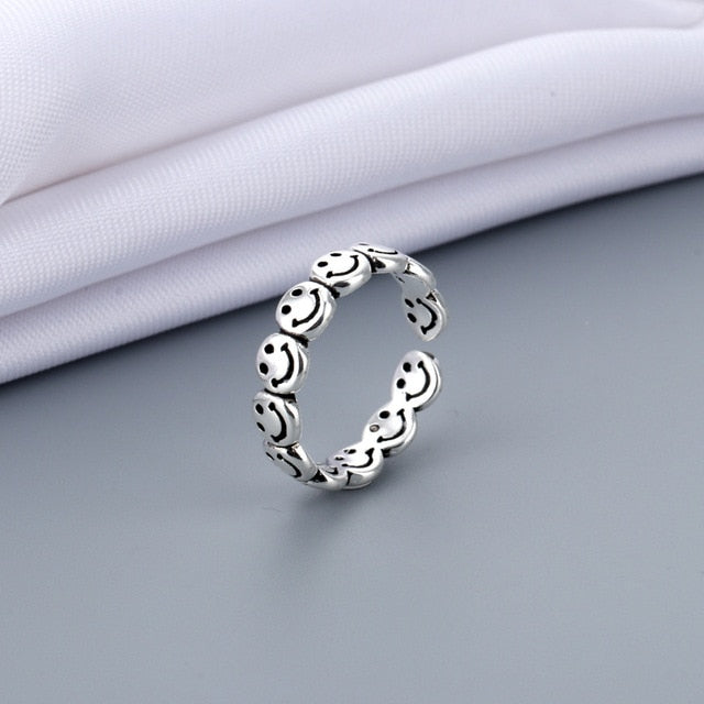 Vintage Ancient Silver Happy Face Trendy Rings for Women