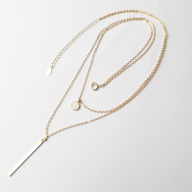 Sterling Silver Double Layer Long Pendant Minimalist Necklace