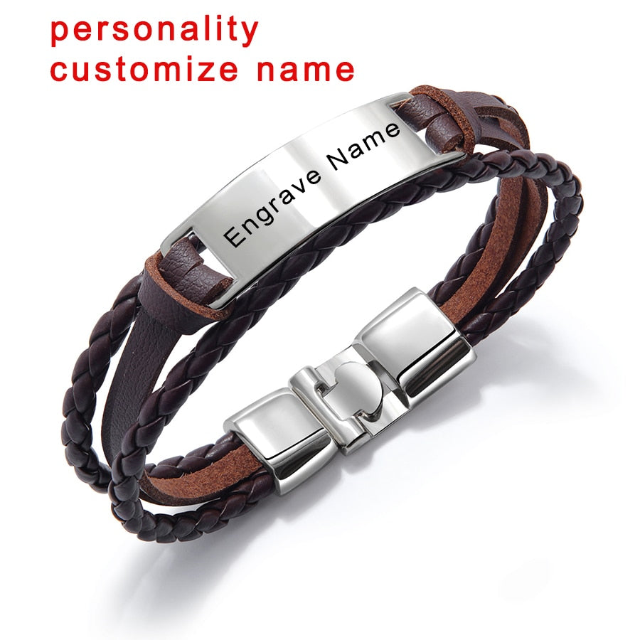 Luxury Brand Custom Logo Name Engrave Leather Bangle's Bracelet Women Handmade life-saving Men Rope Id Bracelets