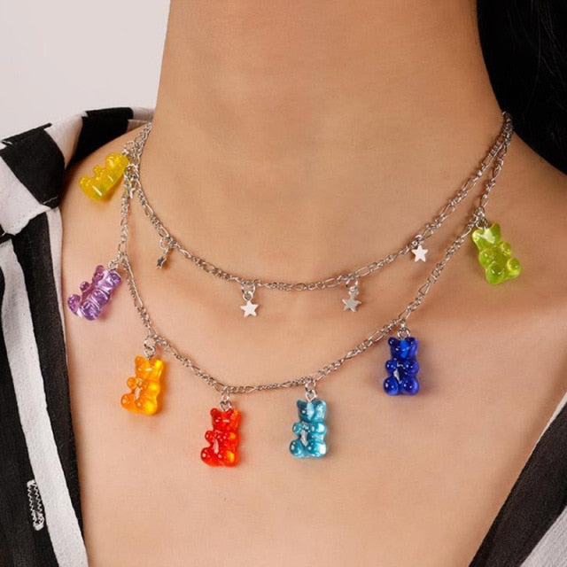 Candy Colour Mini Gummy Bear Necklace Pendants for Women