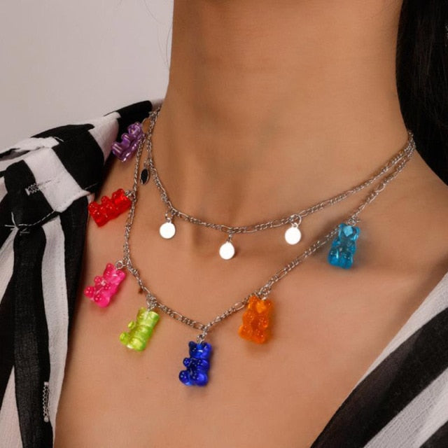 Candy Colour Mini Gummy Bear Necklace Pendants for Women