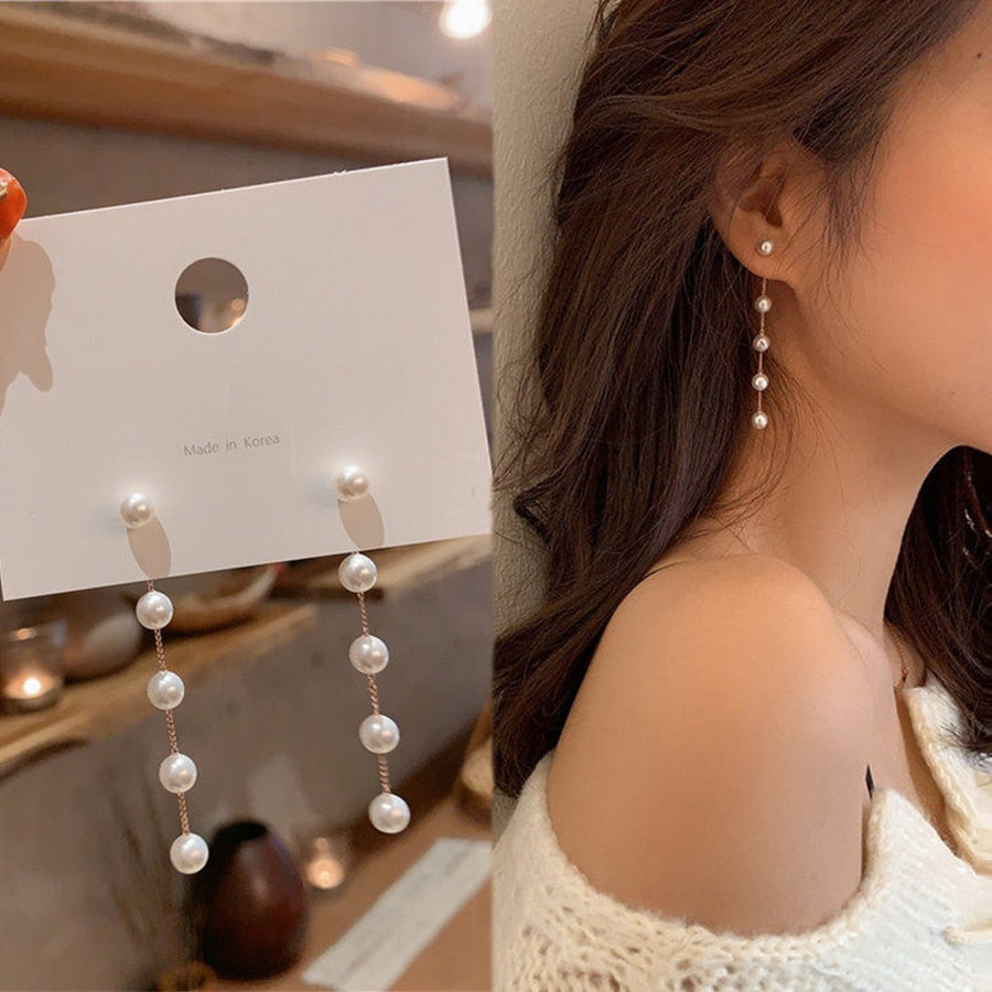 Trendy Simulation Pearl Long Fashion Drop Earrings