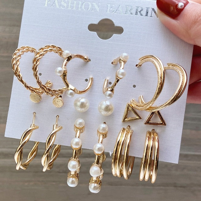 Pearl Hoop Geometric Earring Set- Multivariant