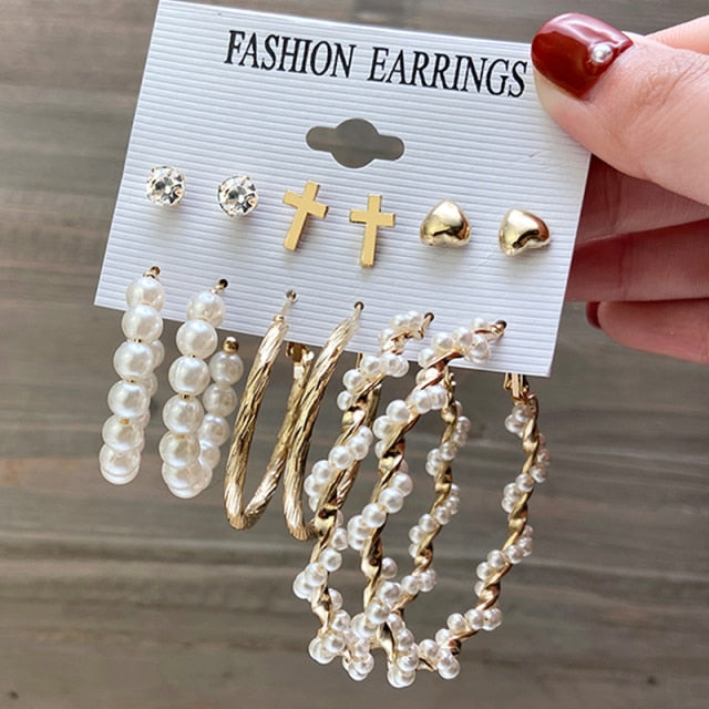 Pearl Hoop Geometric Earring Set- Multivariant