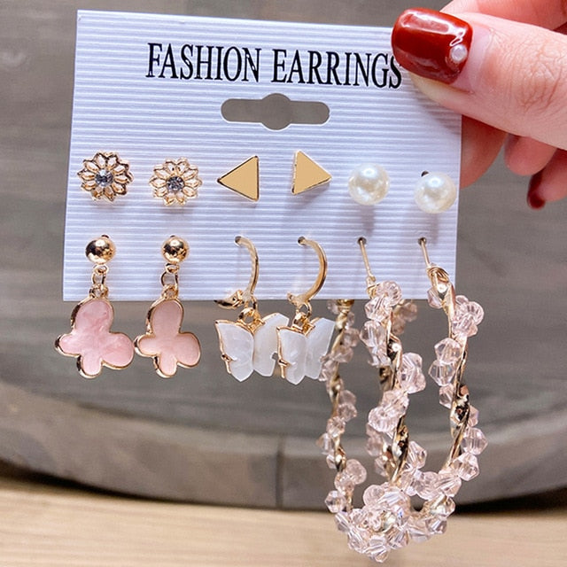 Pearl Hoop Geometric Earring Set- Multivariant