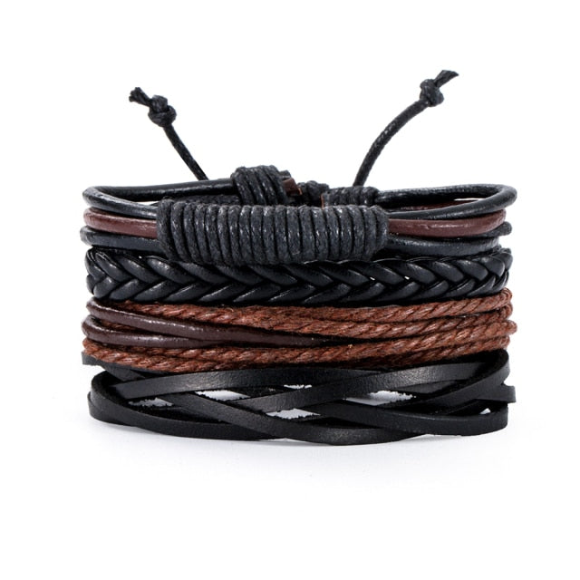 3-4pcs/Set Vintage Anchor Leaf Leather Wrap Bracelets