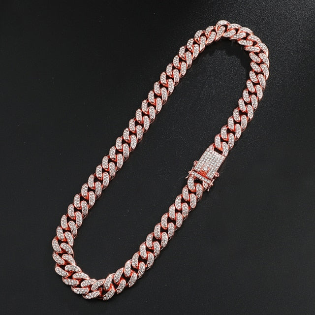 Hip Hop Iced Out Paved Rhinestone Miami Cuban Club Chain Necklace