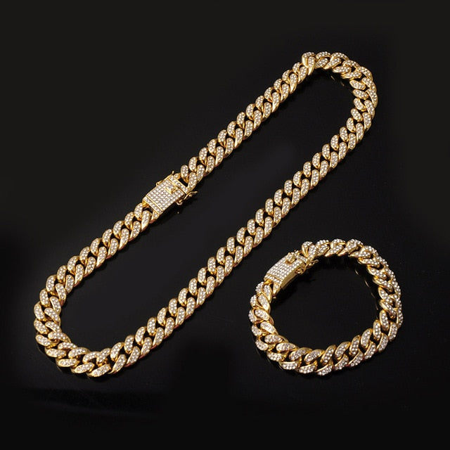 Hip Hop Iced Out Paved Rhinestone Miami Cuban Club Chain Necklace