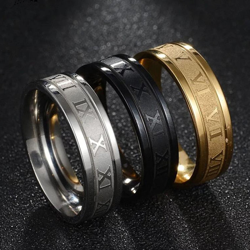 Vintage Roman Numeral Stainless-Steel Fashion Ring for Men