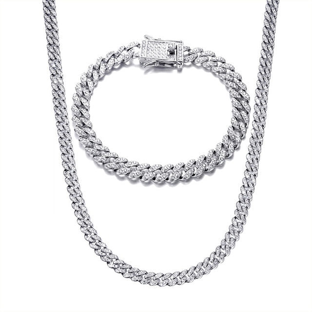 Hip Hop Iced Out Paved Rhinestone Miami Cuban Club Chain Necklace