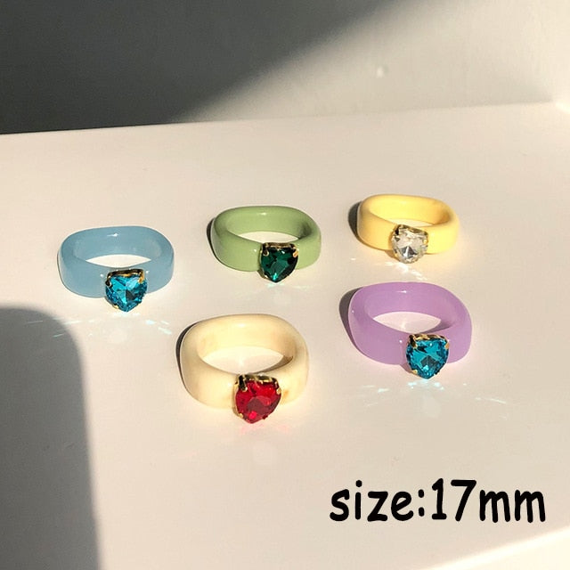HUANZHI 2021 New Colourful Transparent Resin Acrylic Rhinestone Geometric Square Round Rings Set for Women Jewelry Travel Gifts