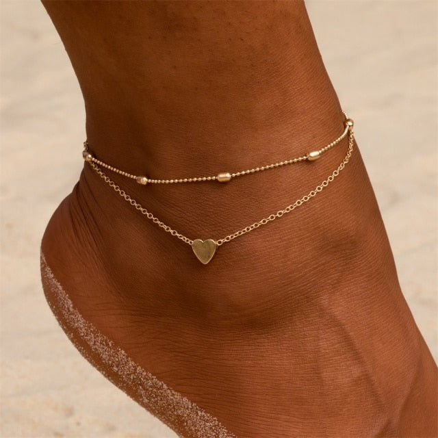 Women's Anklet Bohemian Layered Heart Anklet 2021 Summer Beach Anklets On Foot Ankle Bracelets For Women Leg Chain