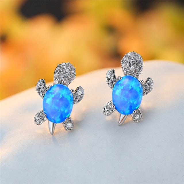 Blue Purple Oval Gradient Zircon Stone Turtle Stud Earrings for Women’s Fashion