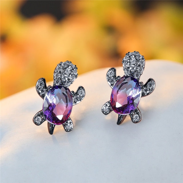 Blue Purple Oval Gradient Zircon Stone Turtle Stud Earrings for Women’s Fashion