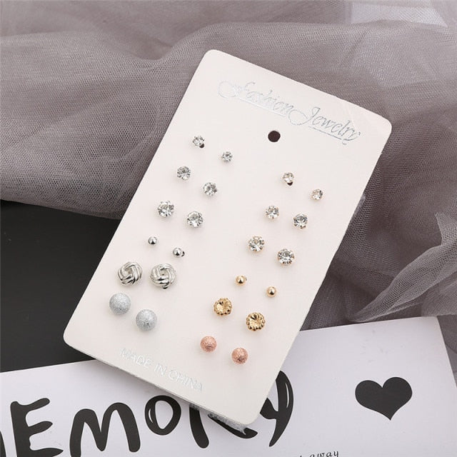 12pairs/set Crystal Simulated Pearl Cubic Zirconia Earring Set