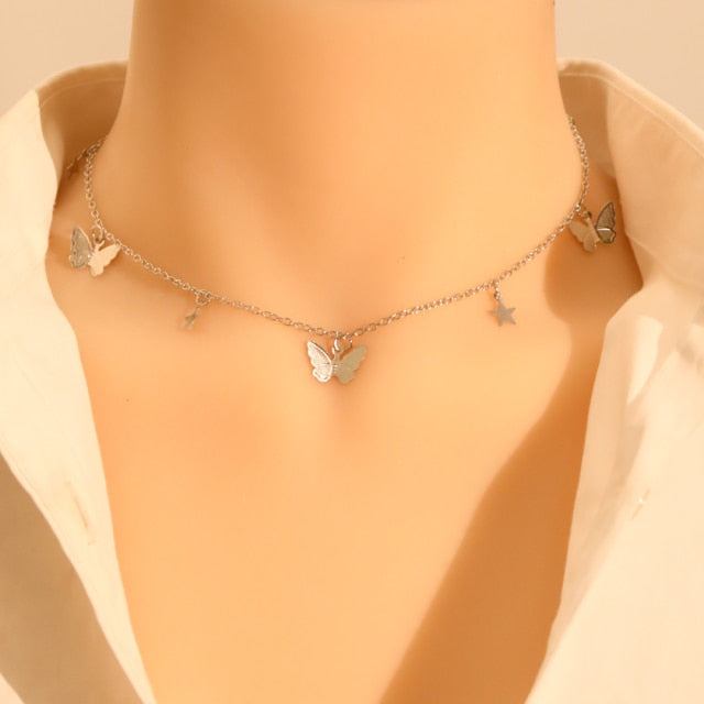 Gold Silver Butterfly Pendant Chain Choker Boho Necklace