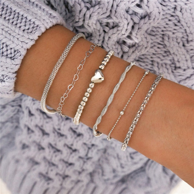 6 Pcs/Set Bohemian Vintage Silver Bracelets for Women