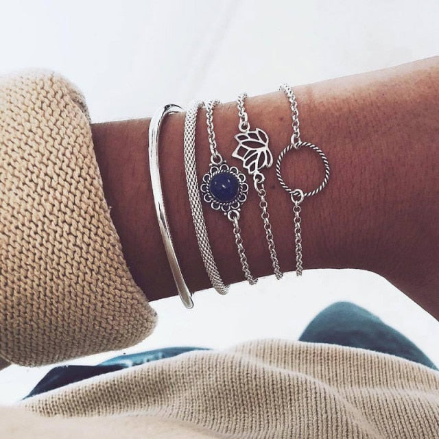 6 Pcs/Set Bohemian Vintage Silver Bracelets for Women