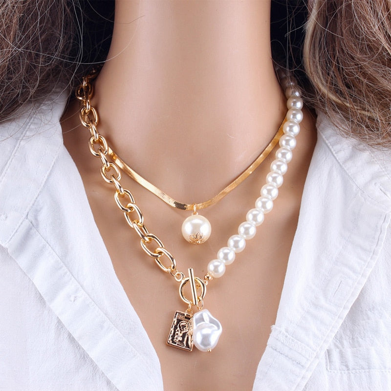Fashion Chain Pearl Necklace For Women Baroque Pearl Pendant Necklaces Choker Neck Snake Chain Gold Silver Color Collier Jewelry