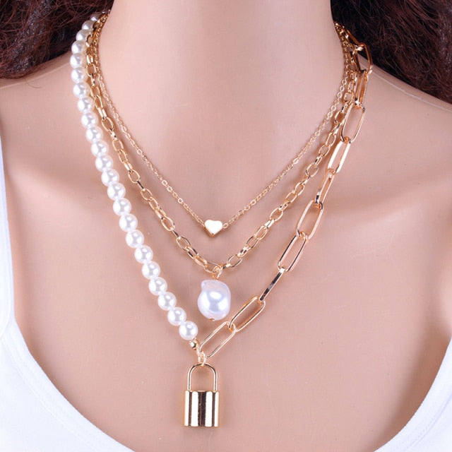Fashion Chain Pearl Necklace For Women Baroque Pearl Pendant Necklaces Choker Neck Snake Chain Gold Silver Color Collier Jewelry