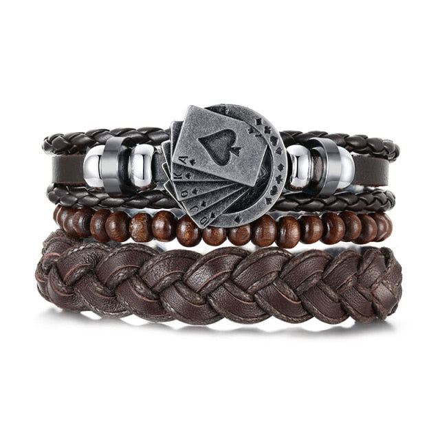 3-4Pc/Set Bohemian Leather Band Unisex Vintage Poker Bracelet