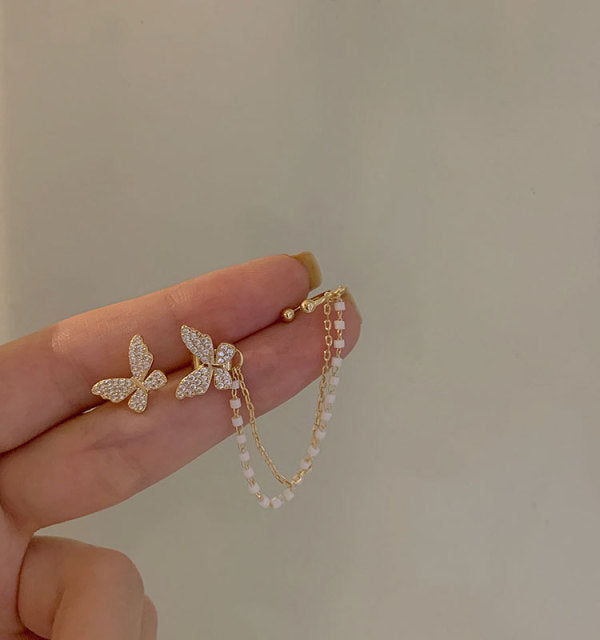 Korean Elegant Cute Rhinestone Butterfly Pearl Earrings