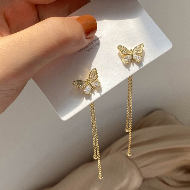 Korean Elegant Cute Rhinestone Butterfly Pearl Earrings