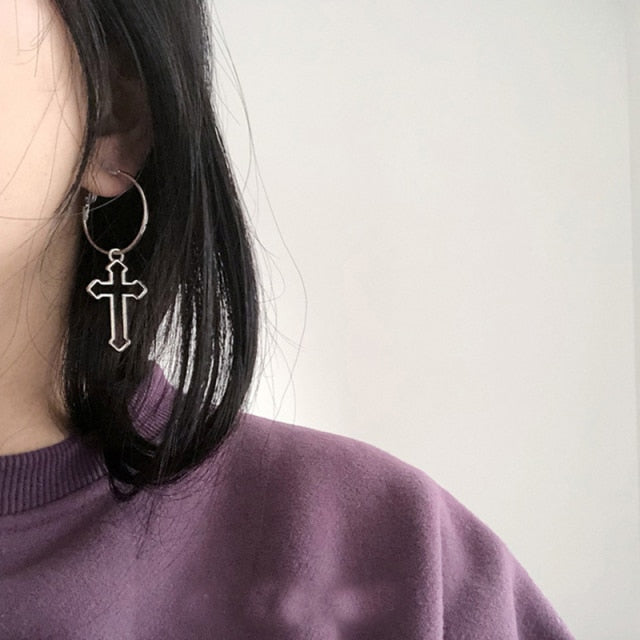Korea Style Harajuku Punk Cool Girl Cross Chain Earrings For Women Men Bff Street Hip Hop Jewelry.
