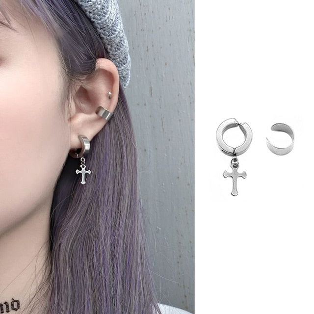 Korea Style Harajuku Punk Cool Girl Cross Chain Earrings For Women Men Bff Street Hip Hop Jewelry.