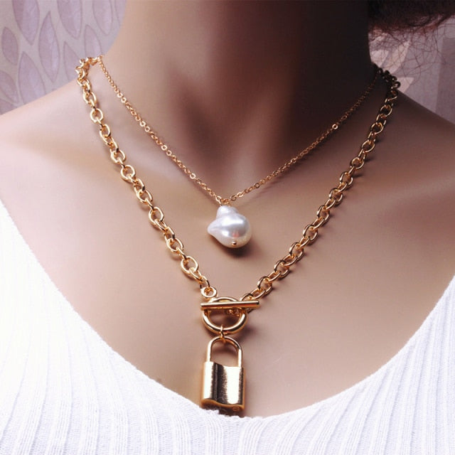 Fashion Chain Pearl Necklace For Women Baroque Pearl Pendant Necklaces Choker Neck Snake Chain Gold Silver Color Collier Jewelry