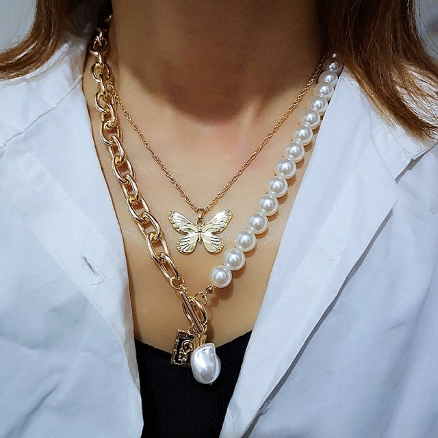 Fashion Chain Pearl Necklace For Women Baroque Pearl Pendant Necklaces Choker Neck Snake Chain Gold Silver Color Collier Jewelry