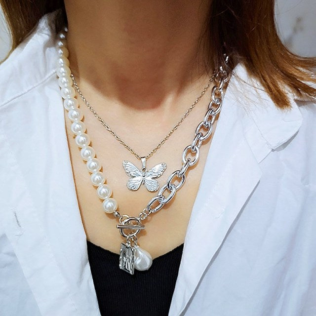 Fashion Chain Pearl Necklace For Women Baroque Pearl Pendant Necklaces Choker Neck Snake Chain Gold Silver Color Collier Jewelry