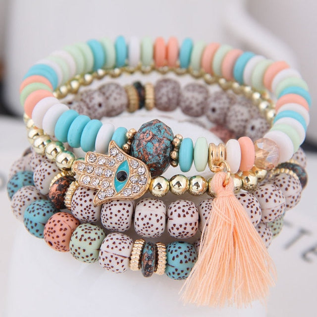 Heart Charm Lava Stone Multilayer Bohemian Bracelet