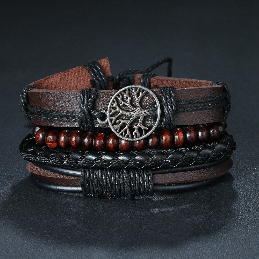 3/4/5Pcs Set Braided Leather Wrap Vintage Life Bracelets for Men