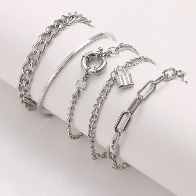 4 Pcs Punk Heavy Retro Geometric Bracelet