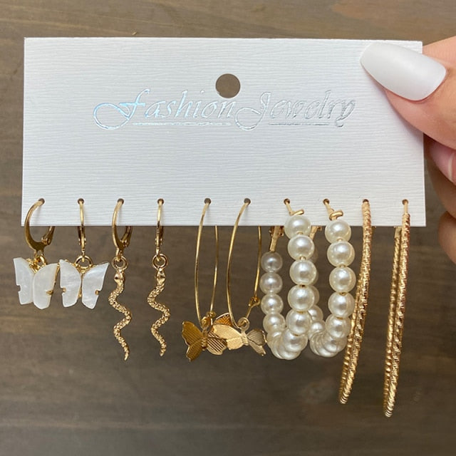 Pearl Hoop Geometric Earring Set- Multivariant