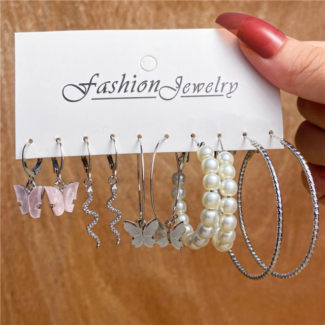 Pearl Hoop Geometric Earring Set- Multivariant