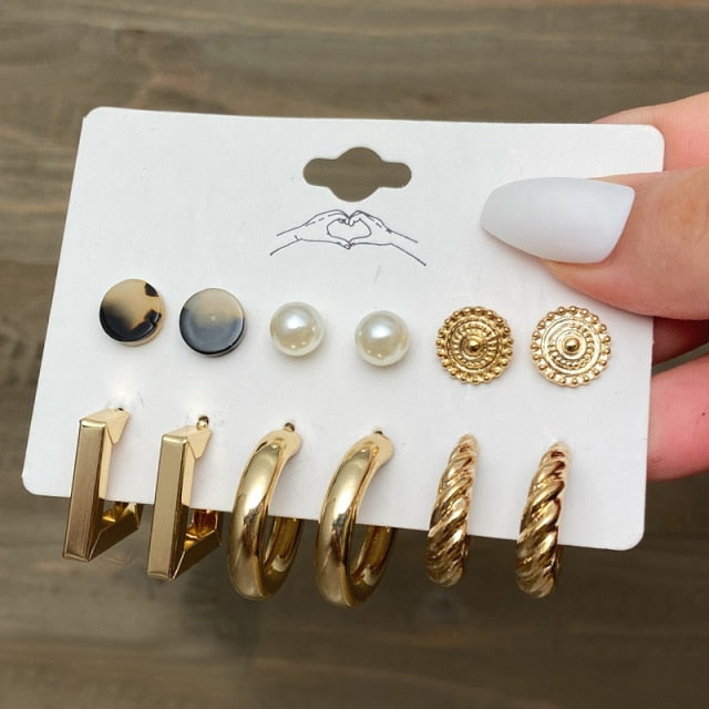 Pearl Hoop Geometric Earring Set- Multivariant