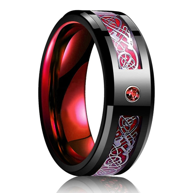 Fashion 8mm Men Red Groove Beveled Edge Stainless Steel Celtic Dragon Ring Zircon Inlay Red Carbon Fibre Ring Men Wedding Band