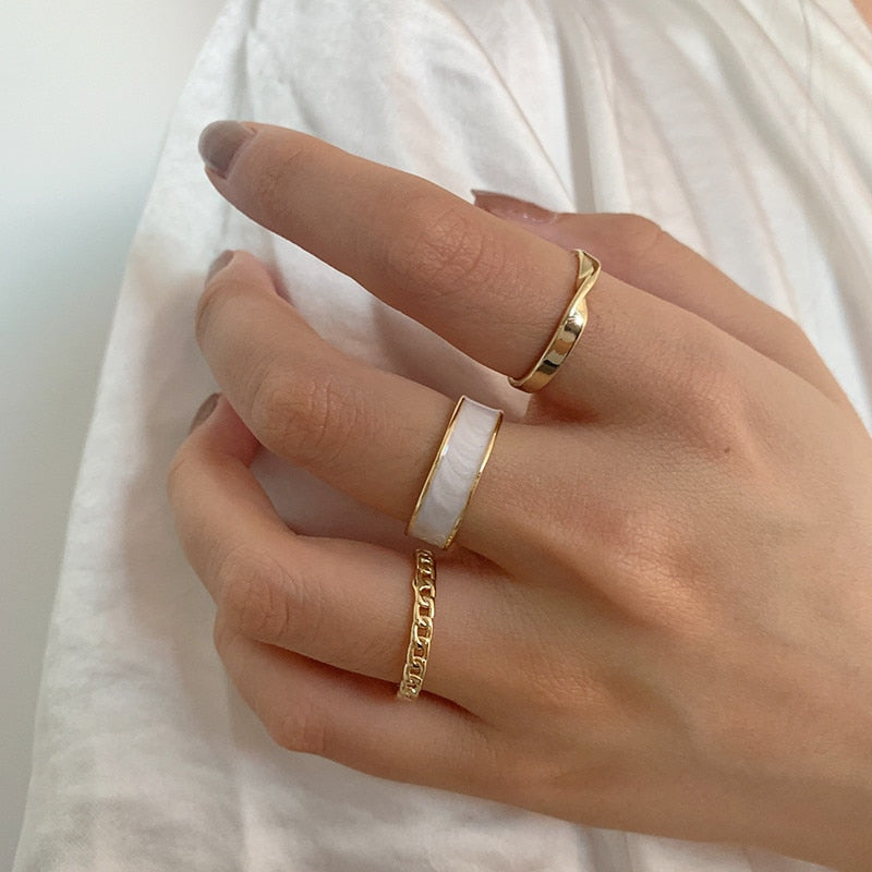 3Pcs/Set Bohemian White Enamel Round Adjustable Ring