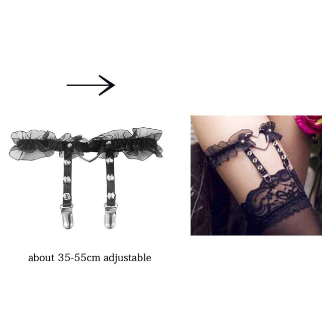 Rock Sexy Leather Love Garter Belt Elastic Leg Girl Women Harness Goth Accessories Black Gothic Rivet Punk Anklet Thigh Garter