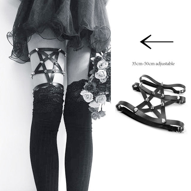 Rock Sexy Leather Love Garter Belt Elastic Leg Girl Women Harness Goth Accessories Black Gothic Rivet Punk Anklet Thigh Garter