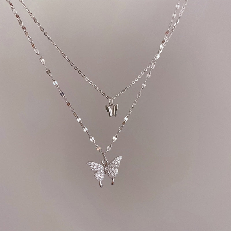 Exquisite Double-Layered Butterfly Pendant Chain Necklace