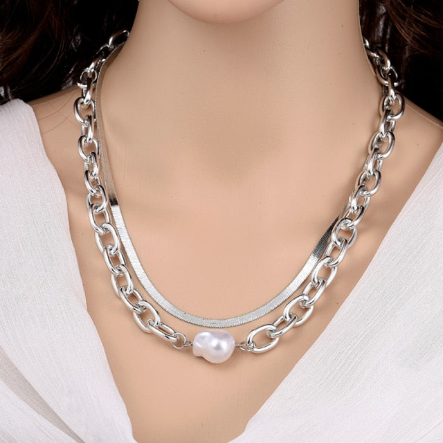 Fashion Chain Pearl Necklace For Women Baroque Pearl Pendant Necklaces Choker Neck Snake Chain Gold Silver Color Collier Jewelry