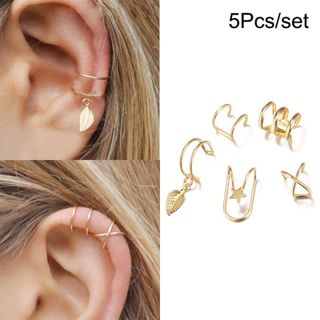 Gold Leaves Ear Cuff Black Non-Piercing Ear Clips Fake Cartilage Earrings Clip Earrings For Women.