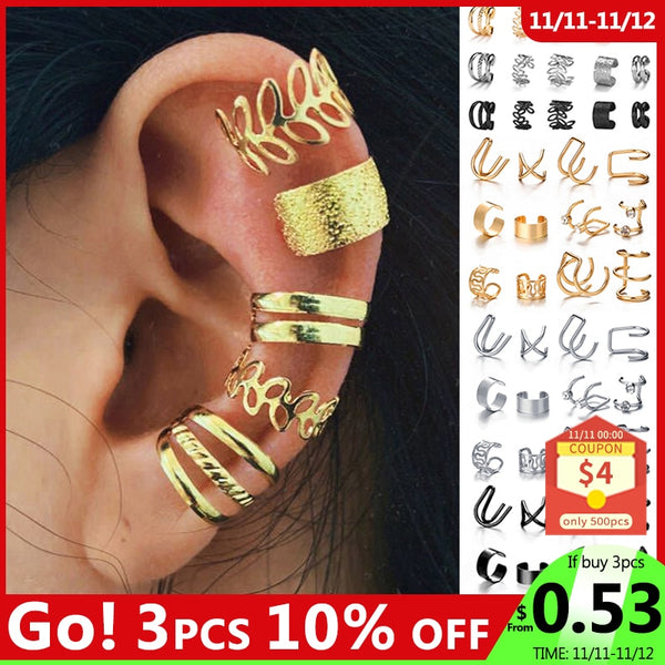 Gold Leaves Ear Cuff Black Non-Piercing Ear Clips Fake Cartilage Earrings Clip Earrings For Women.