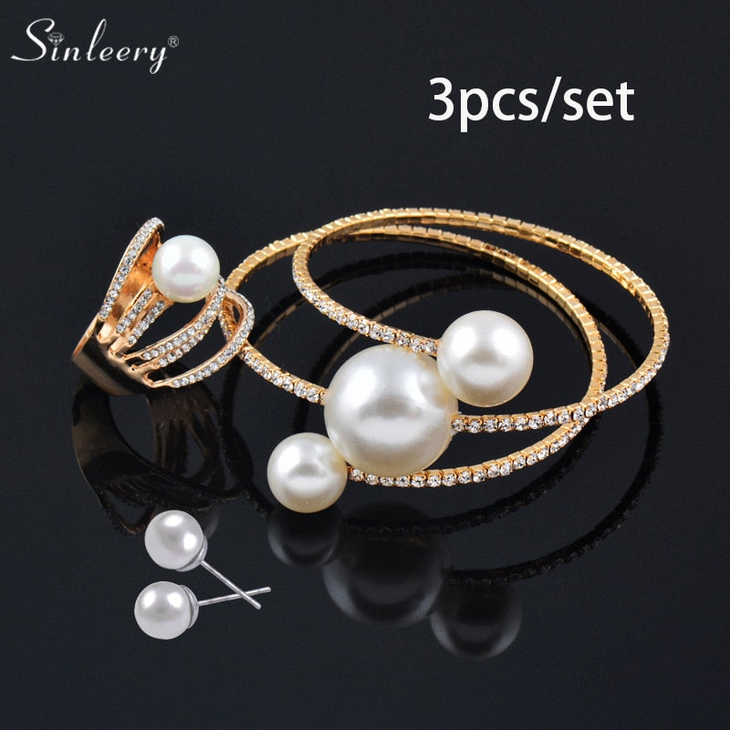 Big Pearl Multilayer Bracelet Bangle Rings Jewelry Set