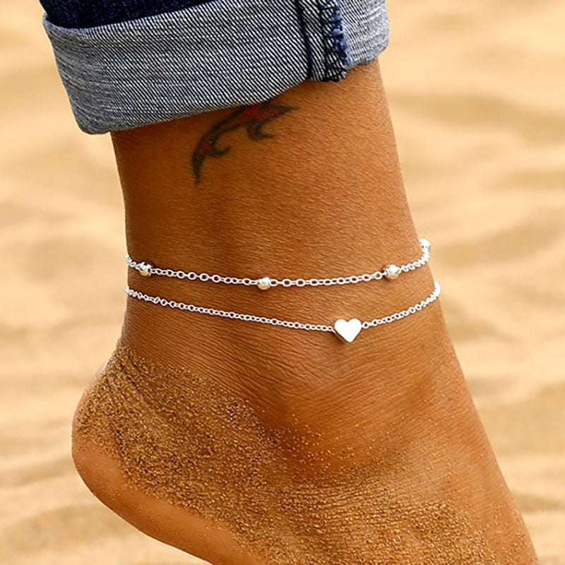 Women's Anklet Bohemian Layered Heart Anklet 2021 Summer Beach Anklets On Foot Ankle Bracelets For Women Leg Chain