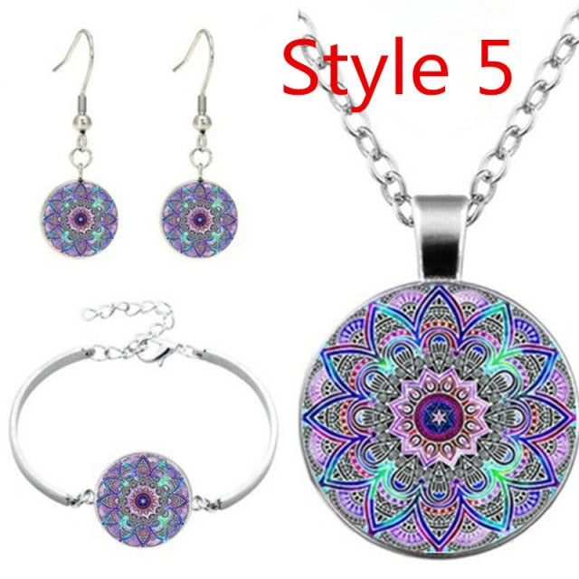 Glass Cabochon Pendant Necklace Bracelet Earrings Om India Yoga Mandala Jewelry for Women's fashion, Friendship Jewelry