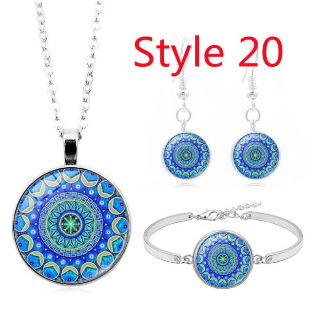 Glass Cabochon Pendant Necklace Bracelet Earrings Om India Yoga Mandala Jewelry for Women's fashion, Friendship Jewelry